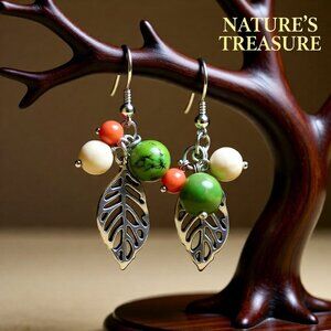 Super Cute!!! Beaded Leaf Cluster Dangle Earrings - Green Mango + Cream